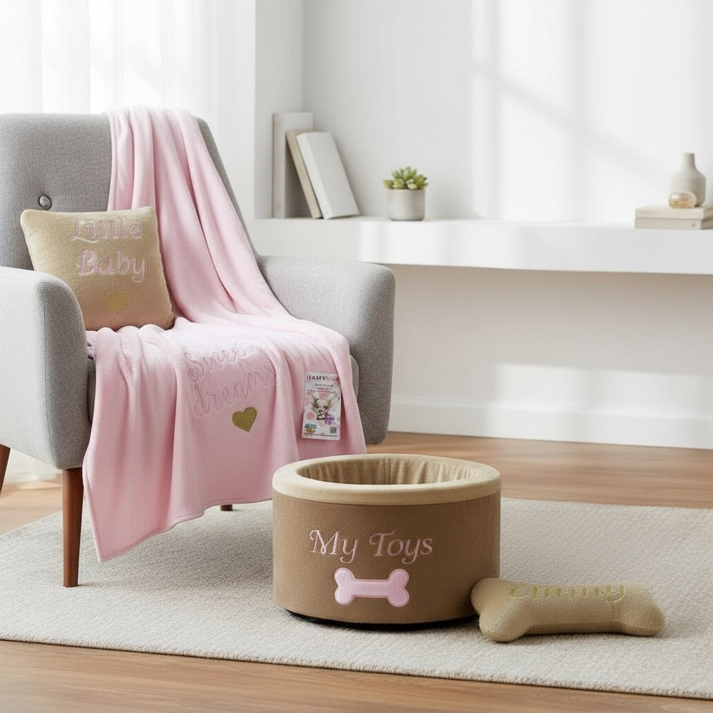 Luxury handmade dog toys, blankets, and personalized pillows from HAPPYDOG Pet Couture — cozy comfort collection.