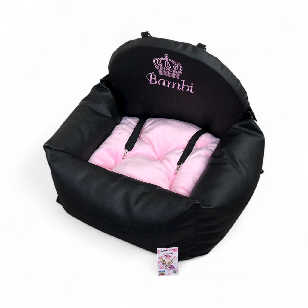 Personalized pet car seat with embroidered name