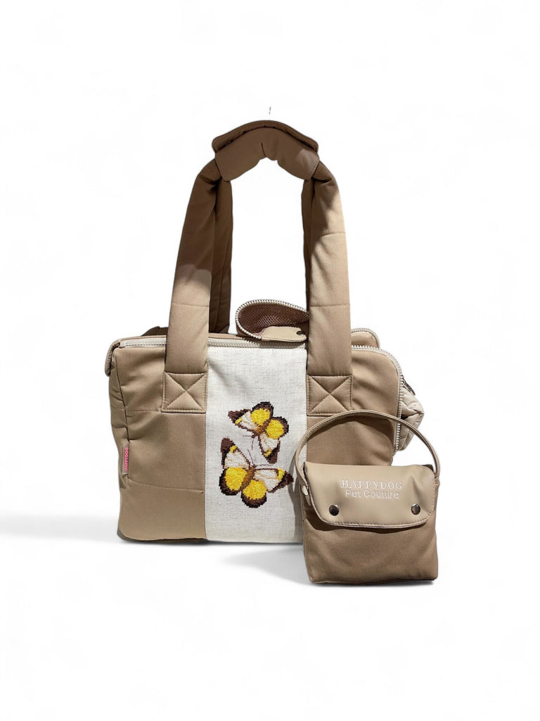 XS beige dog carrier with hand-embroidered yellow butterflies and eco-leather details