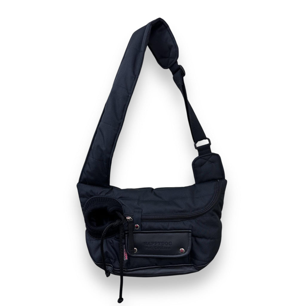 Black waterproof sling dog carrier for small dogs with faux leather pockets